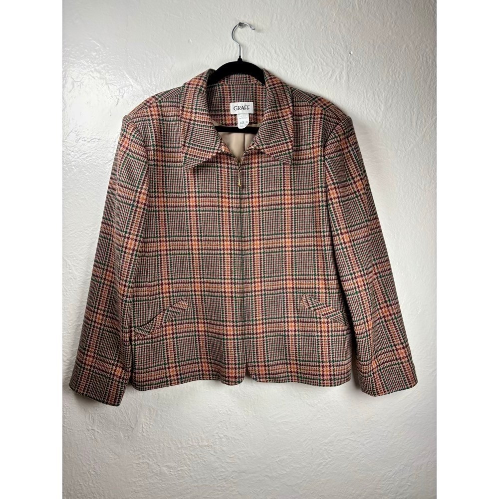 Graff‎ Womens 18 Brown Plaid 100% Wool Zip Up Collared Jacket Lined Academia